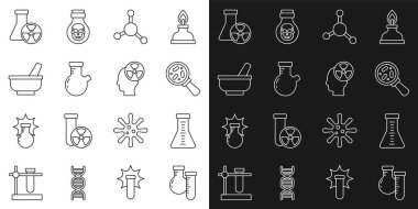 Çizgi Test tüpü ve matara, mikroorganizmaları büyüteç, molekül, havan topu, radyasyon ve baş sembol simgesi altında ayarla. Vektör