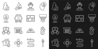 Yangın söndürme kibriti... Hayır, duman alarmı, itfaiyeci, kamyon, yer alevi, orman ağacı ve tahliye planı ikonu. Vektör