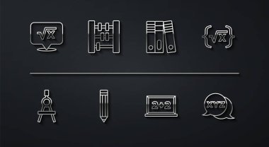 Satır kök x kabartması, çizim pusulası, Kalem, Abaküs, XYZ koordinat sistemi ve Ofis dizinleri simgesini ayarlayın. Vektör