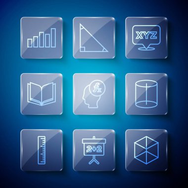 Satır cetveli, tebeşir tahtası, Geometrik şekil küpü, XYZ koordinat sistemi, fonksiyon matematiksel sembolü, Açık kitap, Grafik, çizelge, diyagram ve simge. Vektör