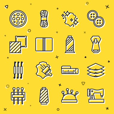 Çizgi dikiş makinesi, katmanlar, tekstil, fermuar, deri kumaş rulo, düğme ve iplik makarası ikonu. Vektör