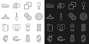 Dikiş ipliğini makaraya, tığ işi kancaya, düğmeye, kumaş rulosuna, Awl aletine, elbise dolabına, mezura ölçüsüne ve ikona ayarla. Vektör