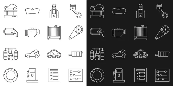 Establecer línea Ajustes del coche, silenciador, kit de correa de tiempo, mecánico, Compruebe el motor, espejo retrovisor, Reparar el coche en el ascensor y el radiador icono del sistema de refrigeración. Vector — Archivo Imágenes Vectoriales