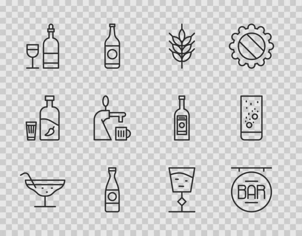 Set line Cocktail, Street signboard with Bar, Hop, Beer bottle, Wine glass, tap, and Effervescent tablets water icon. Vector — Stock Vector