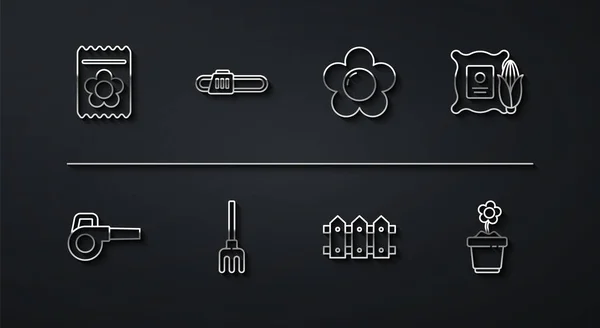 Установка линии Упаковка с семенами растения, Садовый цветок Лиф, Кукуруза в мешке, Садовый забор деревянный, рейка, бензопила, Цветочный горшок и икона. Вектор — стоковый вектор
