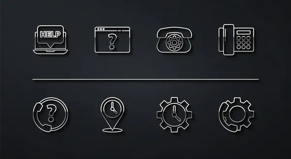 Définir la ligne Ordinateur portable et aide, Téléphone 24 heures de soutien, Gestion du temps, Emplacement avec horloge, Point d'interrogation du navigateur, et icône. Vecteur — Image vectorielle