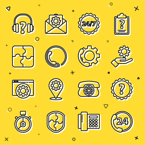Telefon hattını 24 saat destekle, soru işareti, ayarlar elde, saat, yapboz parçası, kulaklıklar ve simge. Vektör