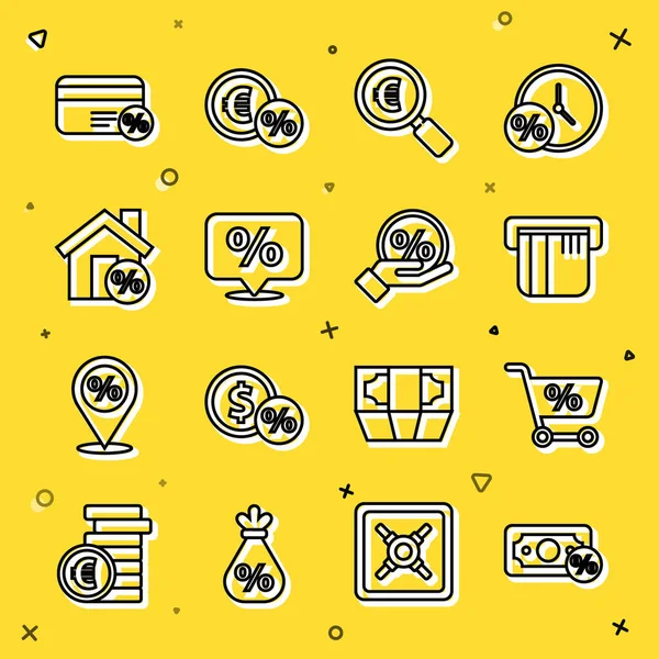 Hat% 100, alışveriş arabası, kredi kartı, büyüteç ve euro, indirim etiketi, indirimli ev ve ikon. Vektör