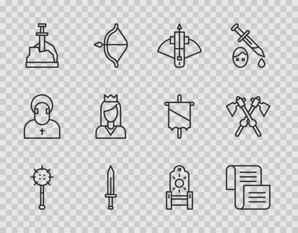 Set line Medieval chained mace ball, Decree, parchment, scroll, Battle crossbow with arrow, sword, Sword the stone, Princess, throne and Crossed medieval axes icon. Vector — Stock Vector