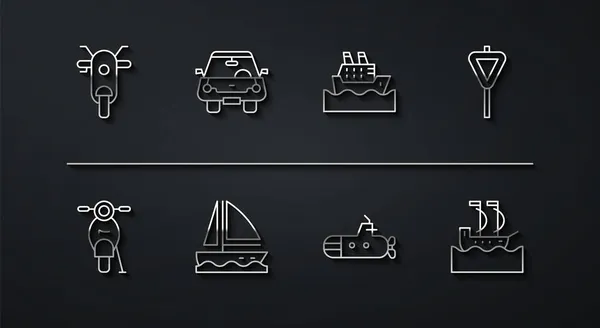 Állítsa be a vonal Scooter, Közúti közlekedési jelzőtábla, Tengeralattjáró, Yacht vitorlás, Autó, Vitorlás és Cruise hajó ikon. Vektor — Stock Vector