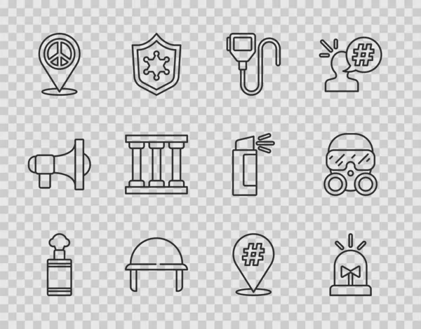 Set line Hand grenade, Flasher siren, Walkie talkie, Military helmet, Location peace, Prison window, Protest and Gas mask icon. Vector — Stock Vector