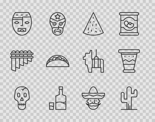 Встановити лінію Череп, Кактус, Начос, пляшку і скло Текіли, маску ацтеків, Тако з тортільєю, мексиканським сомбреро і барабанною іконою. Вектор — стоковий вектор
