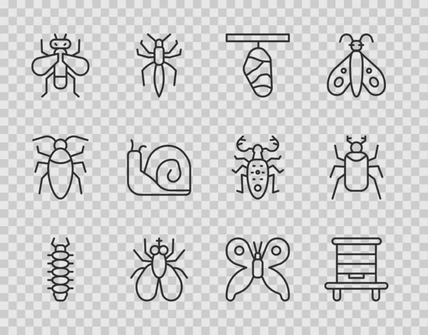 Set Reihe Hundertfüßer, Bienenstock, Schmetterlingskokon, Insekten-, Schnecken- und Käfersymbol. Vektor — Stockvektor