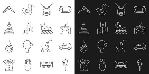Set line Toy horse, car, Gamepad, Drum with drum sticks, ABC blocks, Pyramid toy, Boomerang and Roller skate icon. Vector — Stock Vector