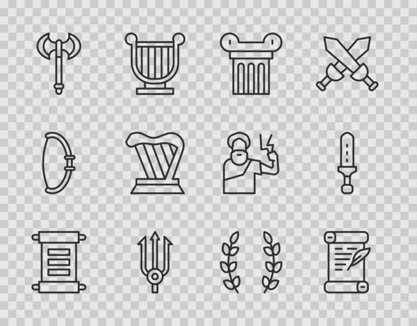 Set line Decree, parchment, scroll, Ancient column, Neptune Trident, Medieval axe, Harp, Laurel wreath and sword icon. Vector — Stock Vector
