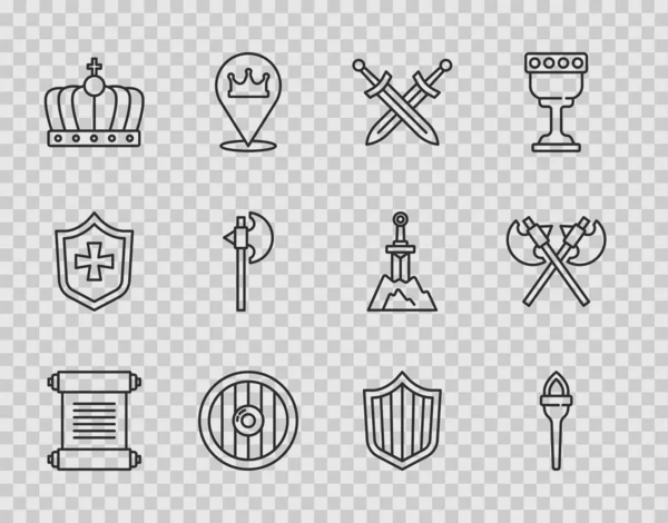 Establecer línea Decreto, pergamino, pergamino, llama de la antorcha, espada medieval cruzada, escudo de madera redonda, corona del rey, hacha medieval, escudo y hachas icono. Vector — Archivo Imágenes Vectoriales