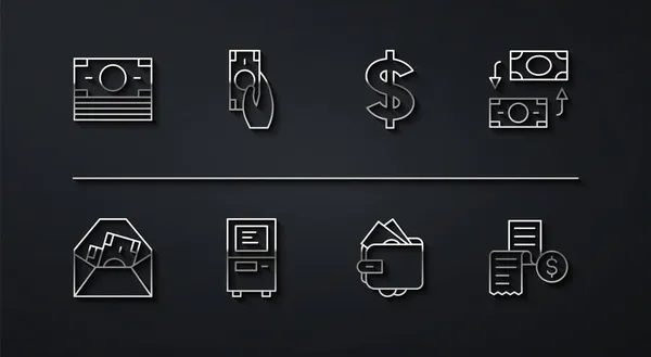 Set line Tumpukan uang kertas tunai, Envelope dengan simbol dolar, Penukar uang, Wallet, ATM, pembayaran cepat, kertas atau cek keuangan dan ikon Dollar. Vektor - Stok Vektor