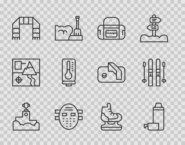 Ustaw linię Zwycięzca podium, Pojemnik termos, Torba sportowa, Maska hokejowa, Szalik zimowy, Termometr meteorologiczny, Łyżwy i Narty i kije ikona. Wektor — Wektor stockowy