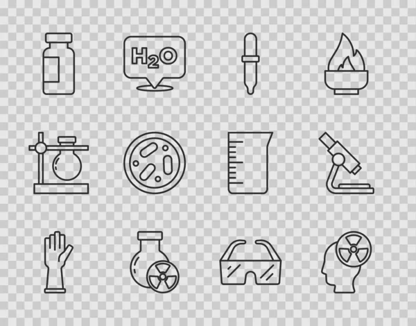 Σετ γραμμή Ιατρικά γάντια καουτσούκ, το κεφάλι και το σύμβολο ακτινοβολίας, σιφώνιο, δοκιμαστικό σωλήνα, φιάλη, τρυβλίο Petri με βακτήρια, γυαλιά ασφαλείας goggle και εικονίδιο μικροσκόπιο. Διάνυσμα — Διανυσματικό Αρχείο