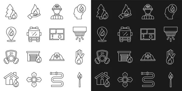 Définir la ligne allumette de combustion avec feu, Non, Système d'alarme de fumée, Pompier, camion, Flamme d'emplacement, arbre forestier et icône du plan d'évacuation. Vecteur — Image vectorielle