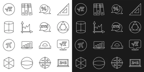 Linientafel, Quadratwurzel aus x-Zeichen, Dreieck-Mathematik, Discount Prozent-Tag, Diagramm, Zeitplan, Diagramm, geometrische Figur und XYZ-Koordinatensystem-Symbol setzen. Vektor — Stockvektor