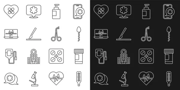 Set lijn Medische thermometer, Medicijn fles en pillen, Sperma, Handreiniger, chirurgie scalpel, Laptop met cardiogram, Genezen gebroken hart en schaar pictogram. Vector — Stockvector