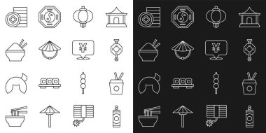 Firework dizisi, kutuda erişte ve çubuklar, Çin kağıt feneri, konik hasır şapka, pirinç kasesi, Yuan para birimi ve ikonu. Vektör