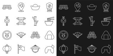 Çin fal kurabiyesi, suşi, Asya erişte kasesi, kağıt, kağıt, parşömen, kaydırma, fener, kesim tahtası ve bambu ikonu. Vektör