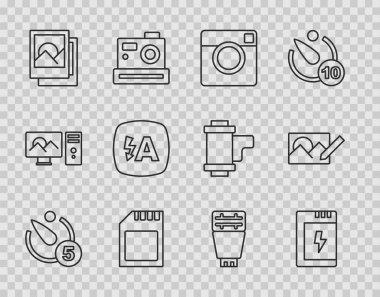 Kamera zamanlayıcısı, kamera için pil, fotoğraf, hafıza kartı, çerçeve, otomatik flaş ve rötuş simgesini ayarla. Vektör