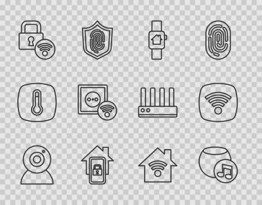 Hat kamerası, ses asistanı akıllı saat, mobil kapı kilidi, elektrik prizi, kablosuz internet ağı ve kablosuz internet ikonu olan akıllı ev. Vektör