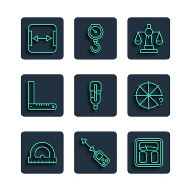 Çizgi ölçer, lazer mesafe ölçer, banyo terazisi, adalet terazisi, tıbbi termometre, köşe cetvel, alan ölçümü ve daire parçaları simgesi ayarla. Vektör