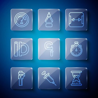 Çizgi Calliper, kalibre ve ölçek, Şırınga, kum, alan ölçümü, mikrometre, açıölçer, hız göstergesi ve Stopwatch simgesini ayarla. Vektör