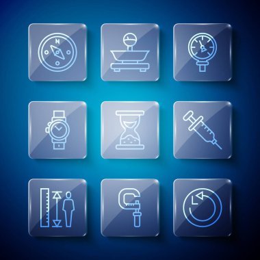 Hat uzunluğunu, mikrometreyi, yarıçapı, basınç suyunu, kumlu eski kum saatini, bilek saatini, pusulayı ve şırınga ikonunu ayarla. Vektör