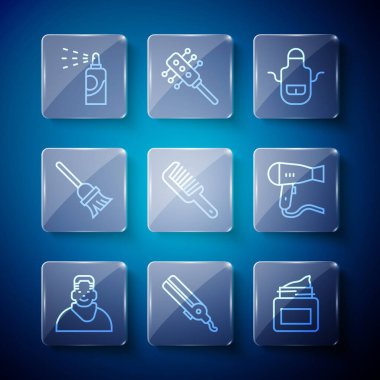 Berber, saç maşası, saç maşası, krem kozmetik kavanozu, berber önlük, saç fırçası, paspas, saç spreyi ve kurutma ikonu. Vektör