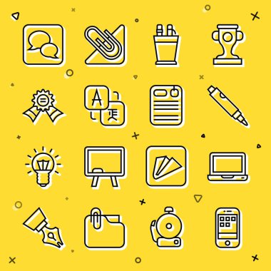 Satır Smartphone, Laptop, İşaretleyici kalem, Kalem kutusu kırtasiyesi, Çevirmen, Madalya, Konuşma balonu sohbeti ve Dosya klasörü simgesini ayarla. Vektör