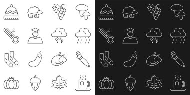 Çay poşeti çay, Şemsiye, Bulut yağmuru, Üzüm meyvesi, mezuniyet şapkası, Meteoroloji termometresi, Kış şapkası ve Fırtına ikonu. Vektör