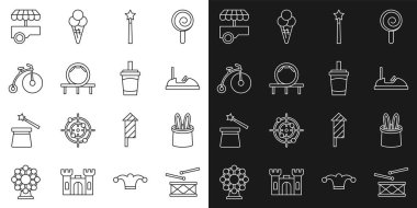 Davul bagetleri, sihirbaz şapkası ve tavşan kulakları, bumper araba, değnek, Roller coaster, klasik bisiklet, Fast street food arabası ve Paper cam su ikonu. Vektör