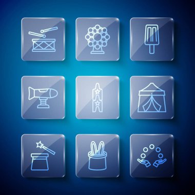 Sihirli şapka ve değnek, sihirbaz tavşan kulakları, hokkabaz topu, dondurma, sirk bileti, sallanan uçak, bagetli davul ve çadır ikonu. Vektör