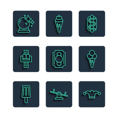 Dondurma, tahterevalli, zilli Jester şapkası, Hotdog sandviçi, sirk bileti, atlıkarınca, sihirli top ve waffle konisi ikonu. Vektör