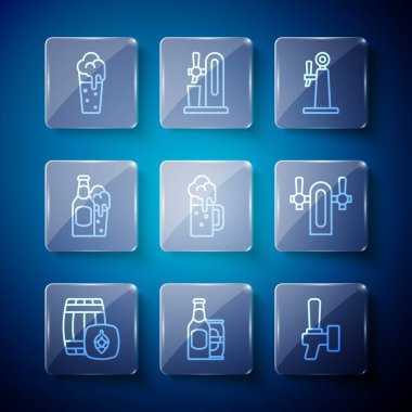 Ahşap fıçı, bira şişesi ve bira kutusu, tap, bardak, bardak, bardak ve ikon. Vektör