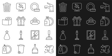 Sünger, lastik pompa, bulaşık deterjanı, bulaşık deterjanı, bulaşık deterjanı, eldiven, tuvalet kağıdı rulosu, çöp kutusu ve ıslak mendil ikonu. Vektör