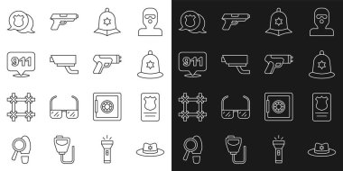 Şerifin rozetli şapkası, polis kimliği çantası, İngiliz polis miğferi, güvenlik kamerası, 911 'i ara ve elektrik şoku ikonu. Vektör