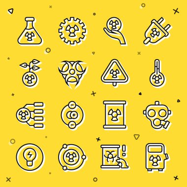 Elektrikli araba şarj istasyonu, Gaz maskesi, Meteoroloji termometresi, Radyoaktif, Biyolojik Tehlike sembolü, Test tüpü radyasyonu ve ikonlu Üçgen. Vektör