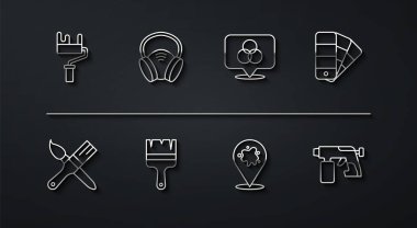 Çizgi boyası fırçası, renk palet kılavuzu, sprey, gaz maskesi, silah, RGB ve CMYK renk karıştırma simgesi. Vektör