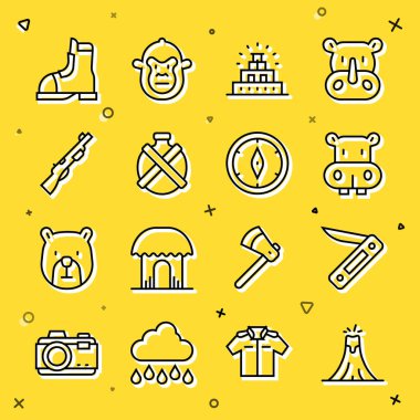 Volkan patlaması, İsviçre çakısı, Hippo veya Hippopotamus, Chichen Itza in Maya, kantin su şişesi, av silahı, avcı botları ve pusula ikonu. Vektör