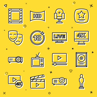 Çizgi film ödülü, CD disk ödülü çerçevede, Screen TV 4K ile, yönetmen koltuğu, artı 18, komedi ve trajedi maskeleri, video ve canlı yayın ikonu. Vektör