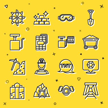 Mayın girişi, mücevher taşı, kömür vagonu, güvenlik gözlüğü, dinamit, fünye, kova tekerleği kazıcı ve ikon. Vektör