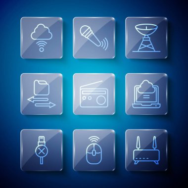 Hattı ayarla No usb kablo, kablosuz bilgisayar faresi, Router ve wi-fi sinyali, uydu çanağı, radyo, transfer dosyaları, ağ bulut bağlantısı ve simge. Vektör
