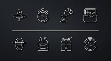 Kano ve kürek takımı, kürekli tekne, su topu, su topu, can yeleği, sttopwatch, pusula ve uçurtma ikonu. Vektör
