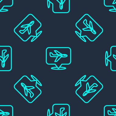 Yeşil çizgi düzlem simgesi mavi arkaplandaki kusursuz deseni izole etti. Uçan uçak ikonu. Uçak tabelası. Vektör